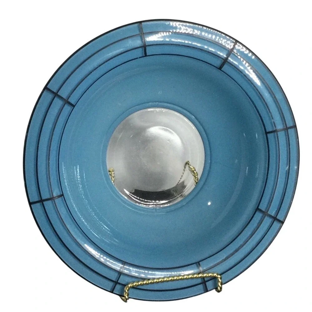 Vintage Blue Glass Decorative Bowl with Silver Insert and Grid Design mid centur